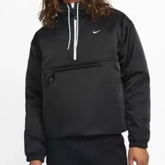 Nike Men's Solo Swoosh Satin Black Anorak 1/2 Zip Hooded Jacket - Picture 2 of 7